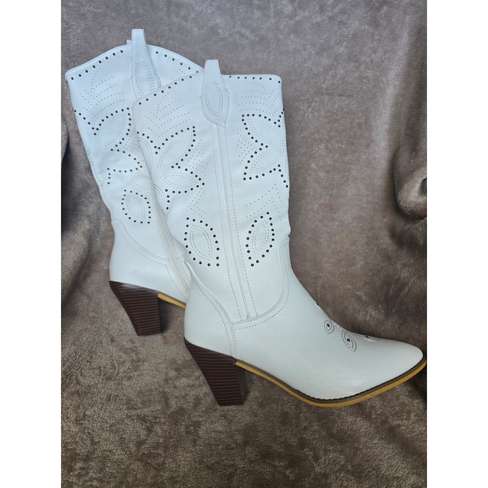 Ann Creek Womens White Studded Western Boots Pointed Toe Block Heel Size 8.5 M